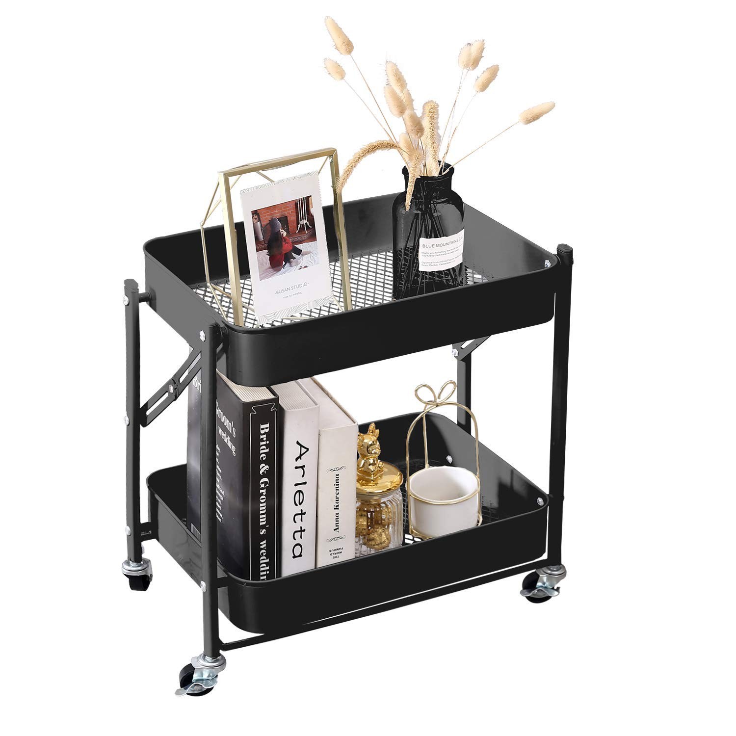 2-Tier Metal Folding Rolling Cart Mobile Utility Trolley Storage Table Black
