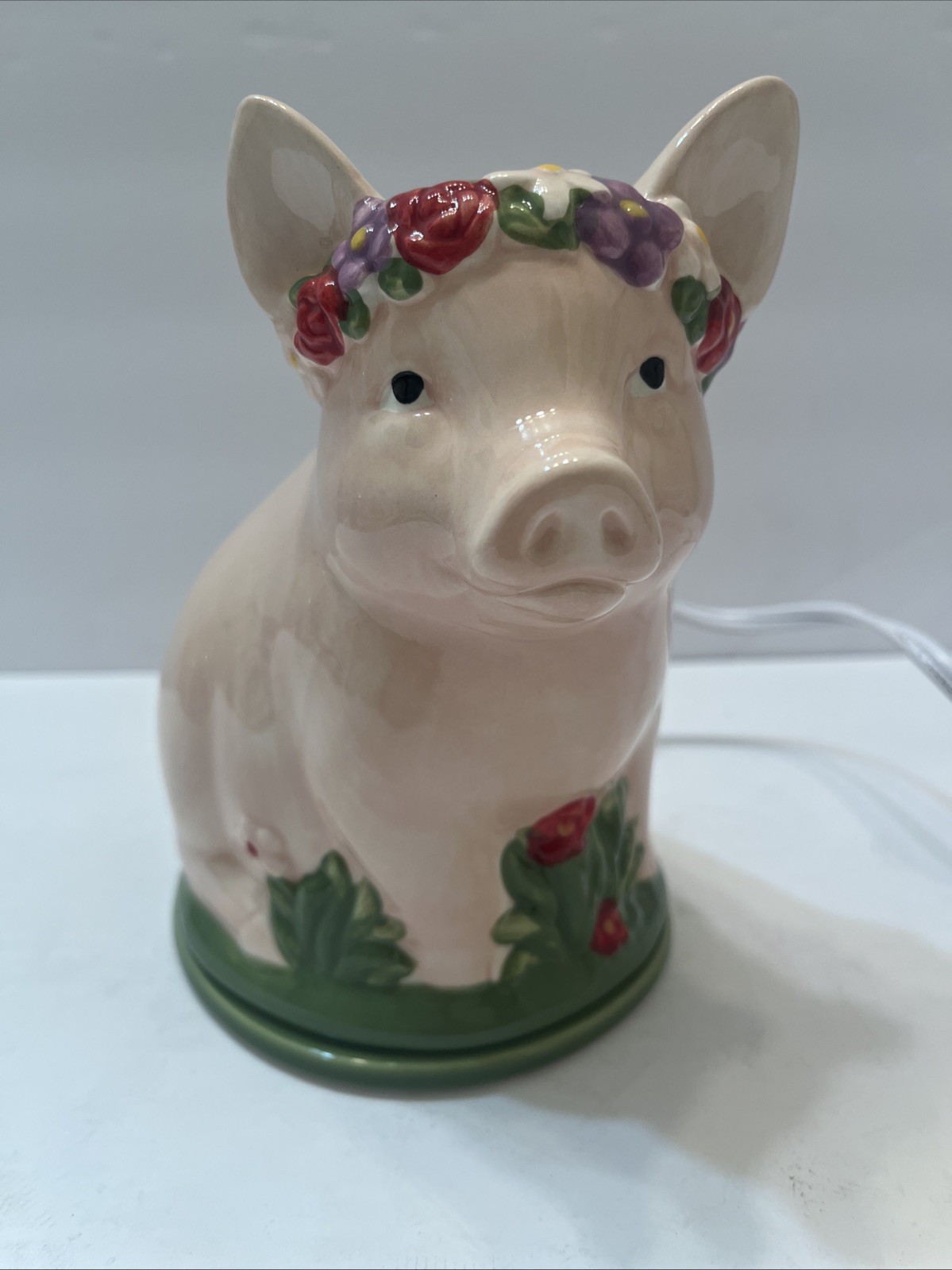 Ceramic Pig Nightlight/Lamp Pink Colorful Flowers Corded Works 6x4” Girly Works