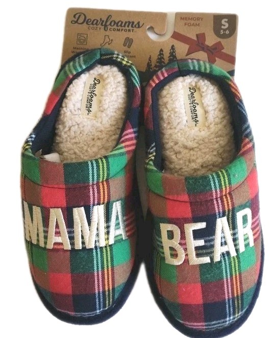 Size Small 5/6 Dearfoams Women's Slippers Mama Bear Plaid Memory Foam Christmas