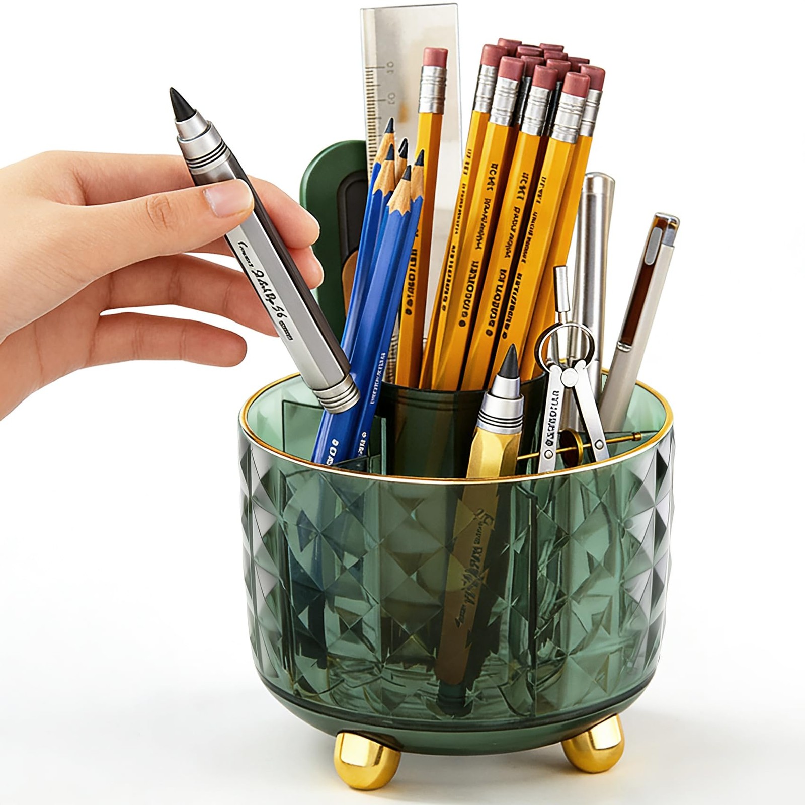 GOTOBA Dark Green Pen Pencil Holder for Desk, 360° Rotating