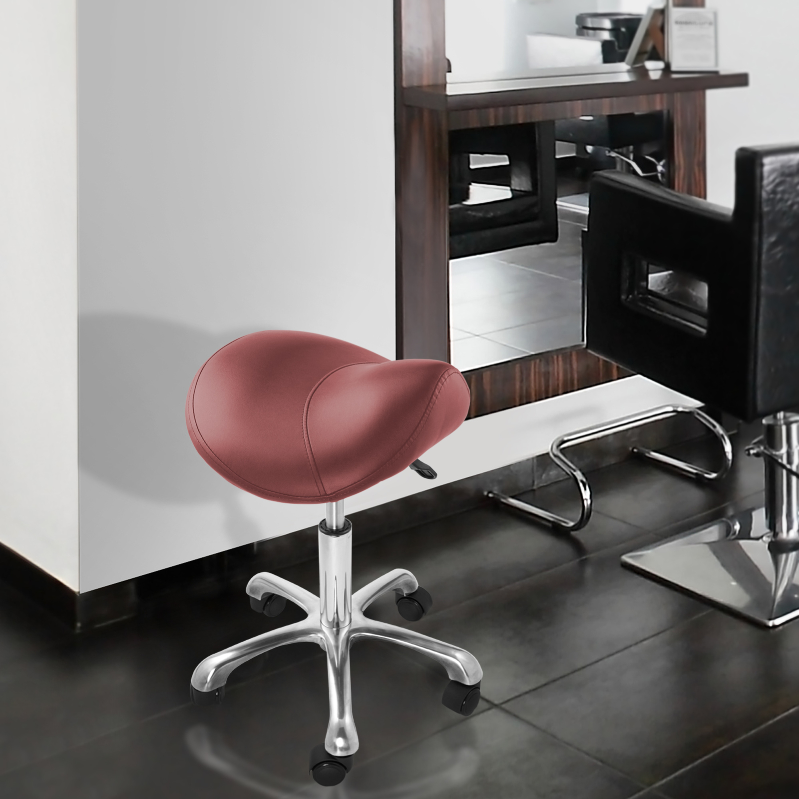 Hydraulic Adjustable Rolling Saddle Stool - Ergonomic, Swivel Wheels - Burgundy
