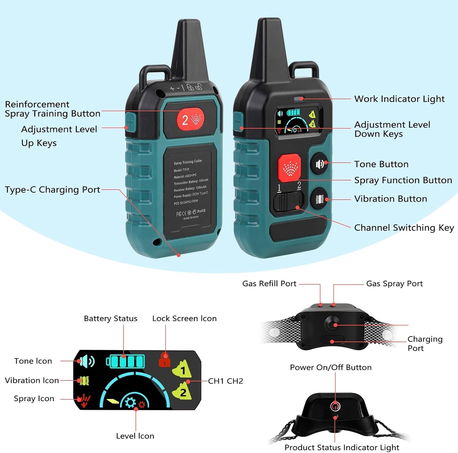 Spray Bark Collar for Dogs Remote 4 Modes Vibration Sound 1000FT Range ALL SIZE