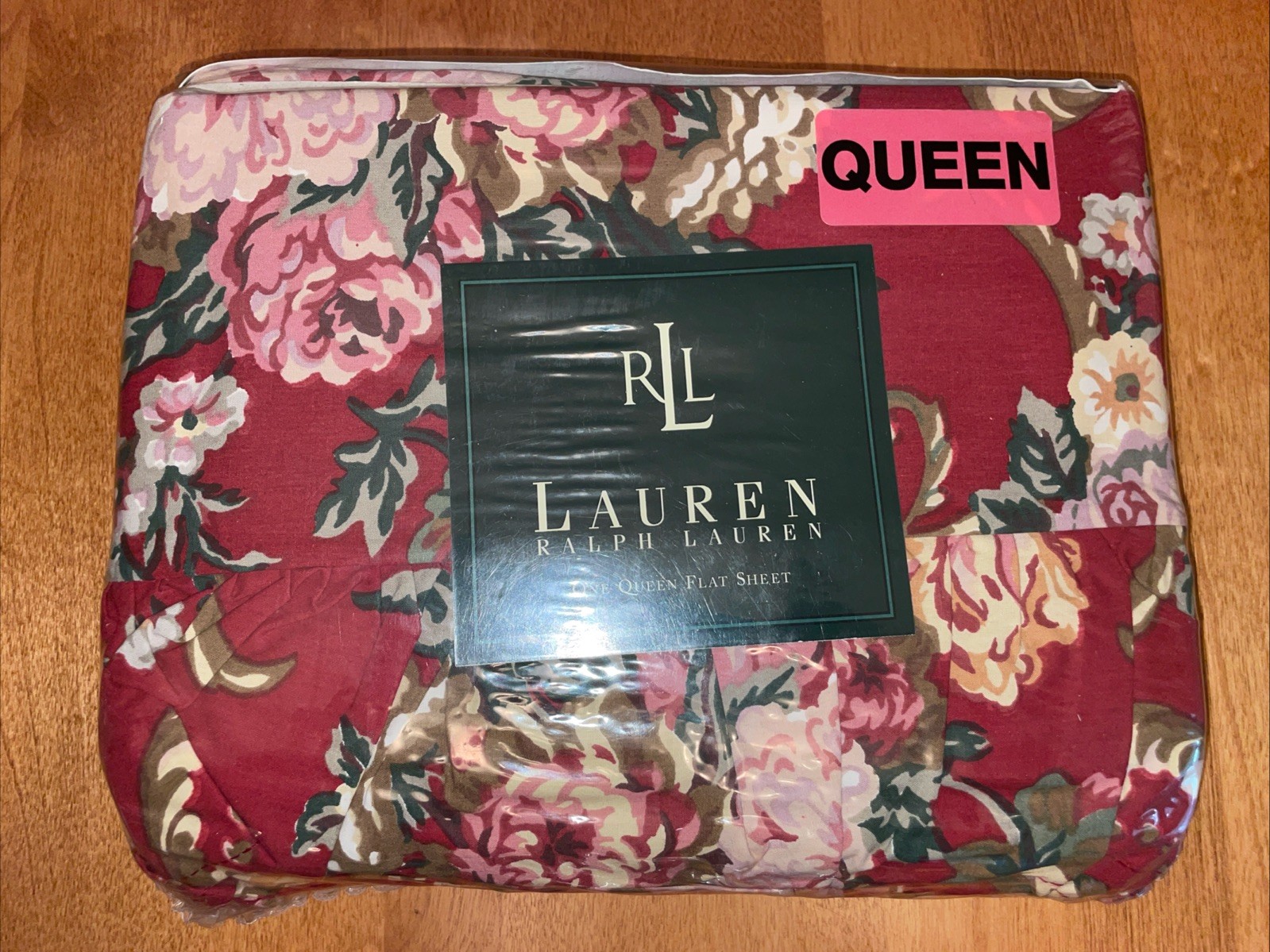 NEW Ralph Lauren RLL MARSEILLES Floral Red Ruffled Queen Flat Sheet NEW Sealed