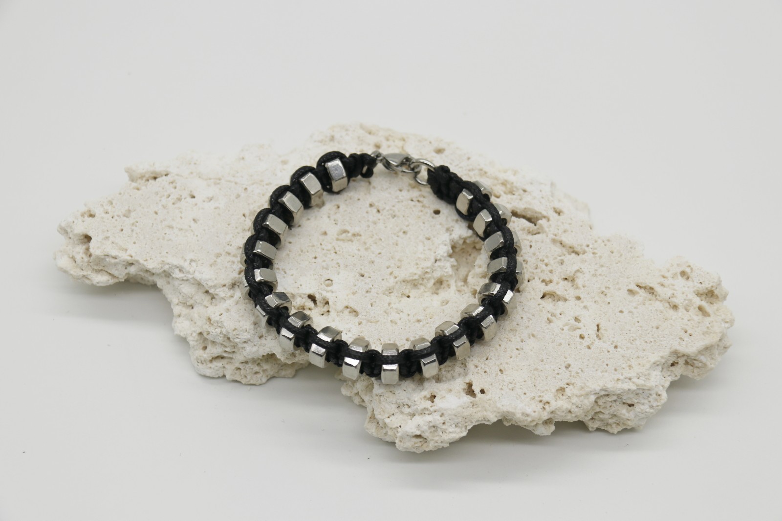 Vintage Industrial Bracelet  Black Cord & Metal Beaded Punk Streetwear Accessory