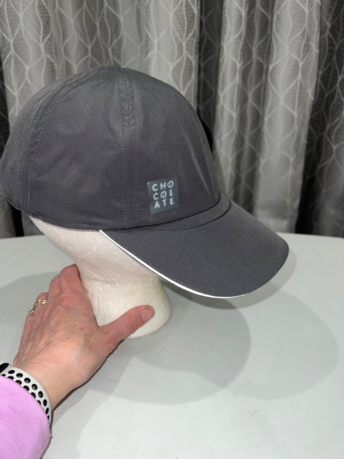 Allstate Hot Chocolate 15K 5K Gray Poly spandex Running Hat Cap Hook Loop EUC