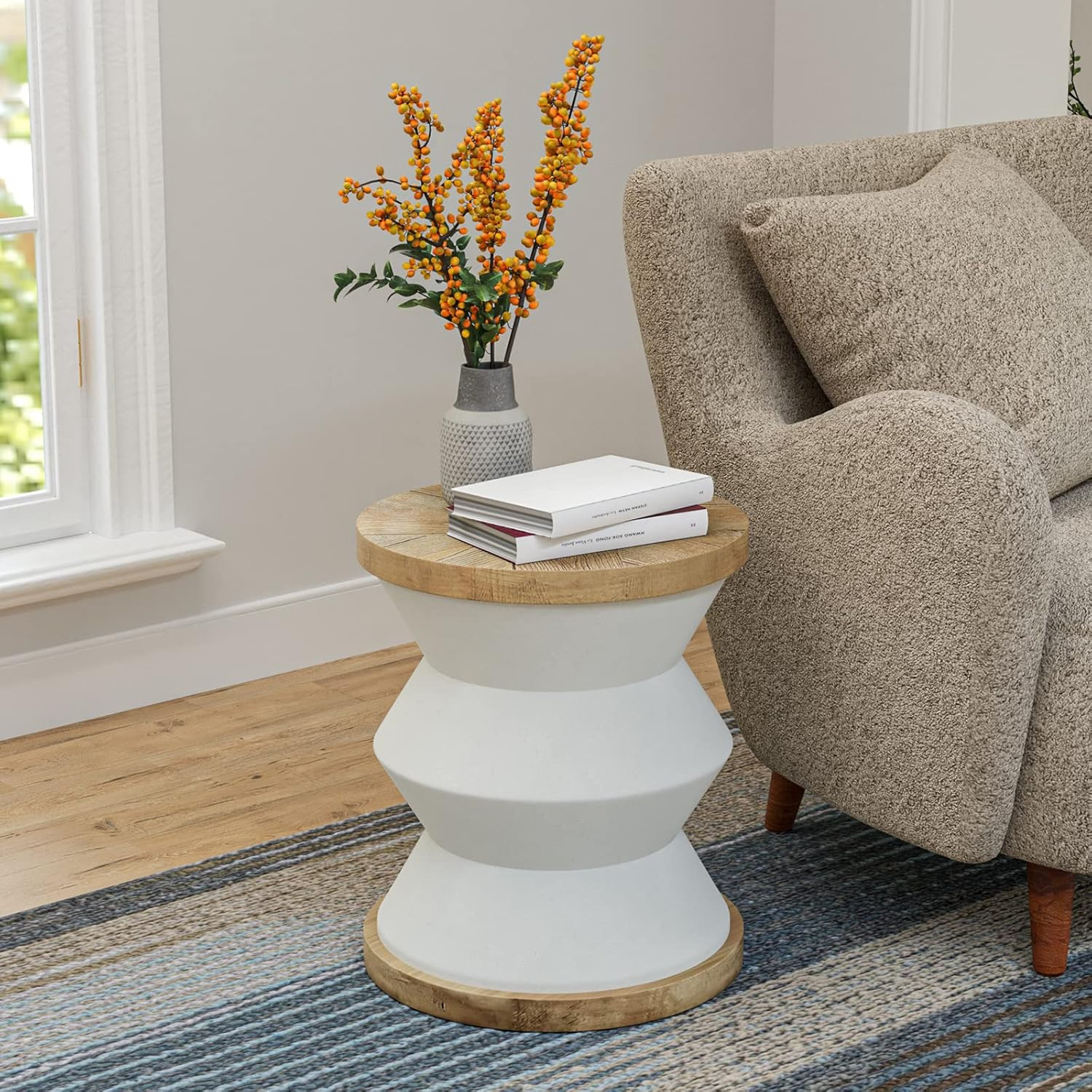 White Outdoor Side Table, round Mgo Concrete End Patio Side Table, Lightweight C