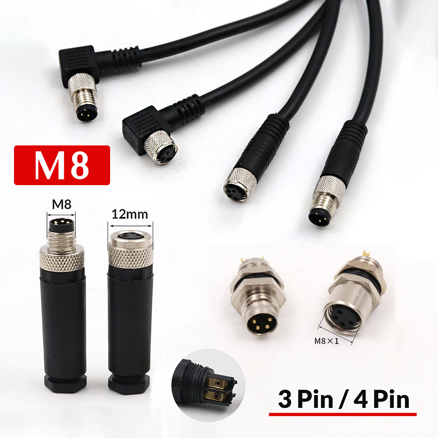 M8 Waterproof Connectors Aviation Plug / Socket Industrial Robot Sensors 3/4 Pin