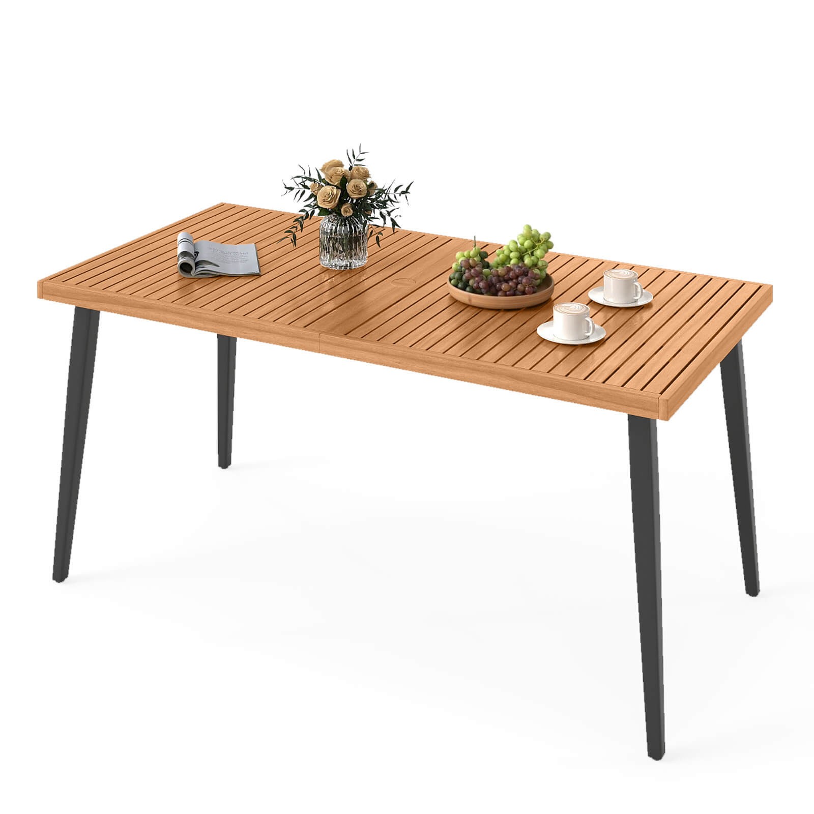 63” Outdoor Indoor Dining Table w/Acacia Wood Slatted Tabletop, Umbrella Hole