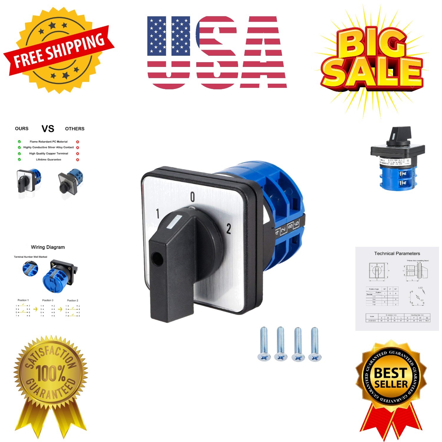Changeover Switch LW28-32 3 Positions 8 Terminals Universal Rotary Cam Select...