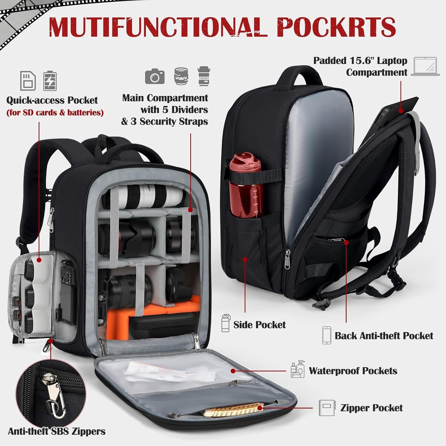 Professional Photography Backpack with Hardshell, Rain Cover & Storage Pockets