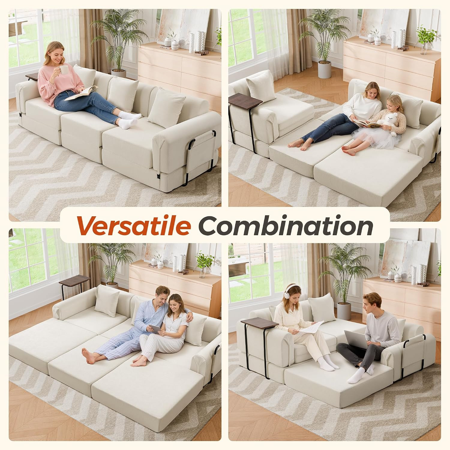 99.2" Modular Sectional Sofa Bed, Convertible Futon Sleeper Couch with Movable S