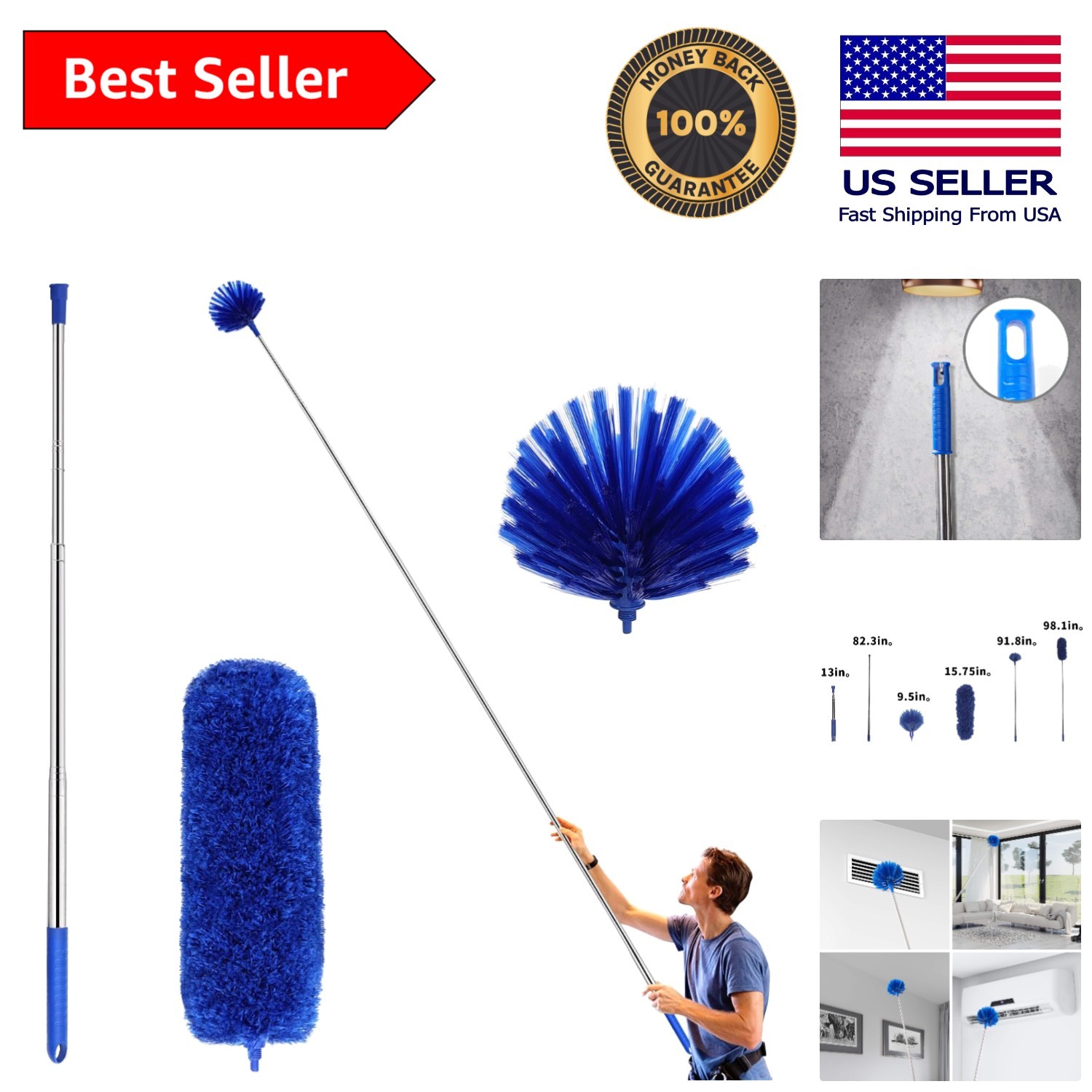 Versatile 3-Piece Cobweb Duster & Microfiber Kit with Telescoping Rod - Blue