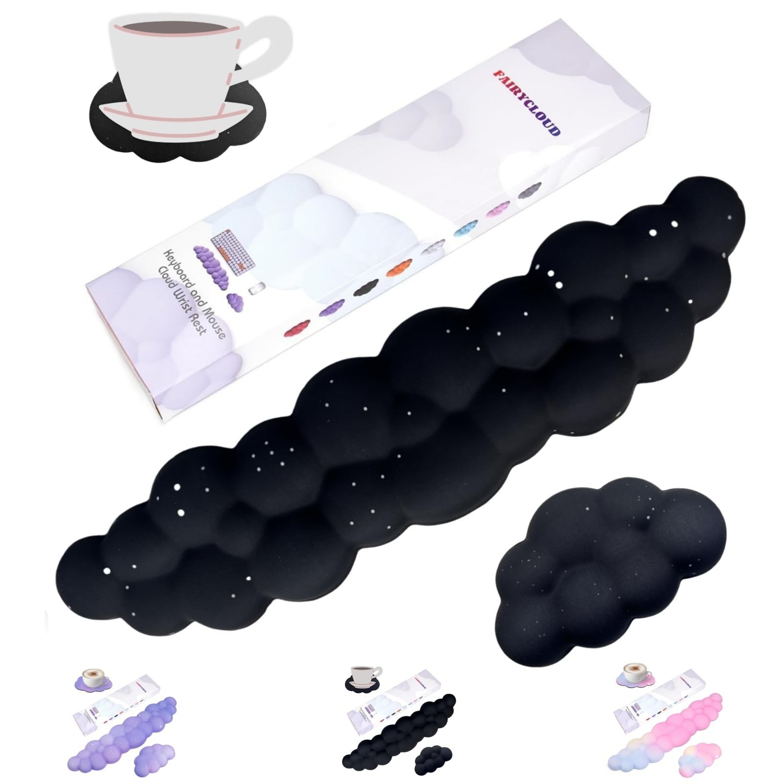 LJYZMD Cloud Keyboard Mouse Wrist Rest Set, Cute Coaster Included, Black Star De