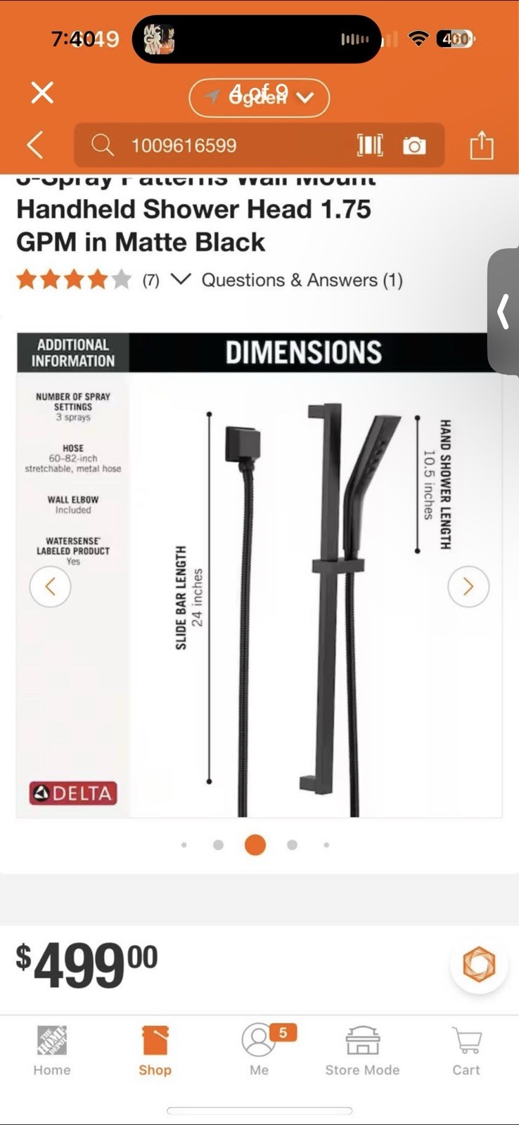 Delta 3 Spray Pattern Slide Bar Hand Shower
