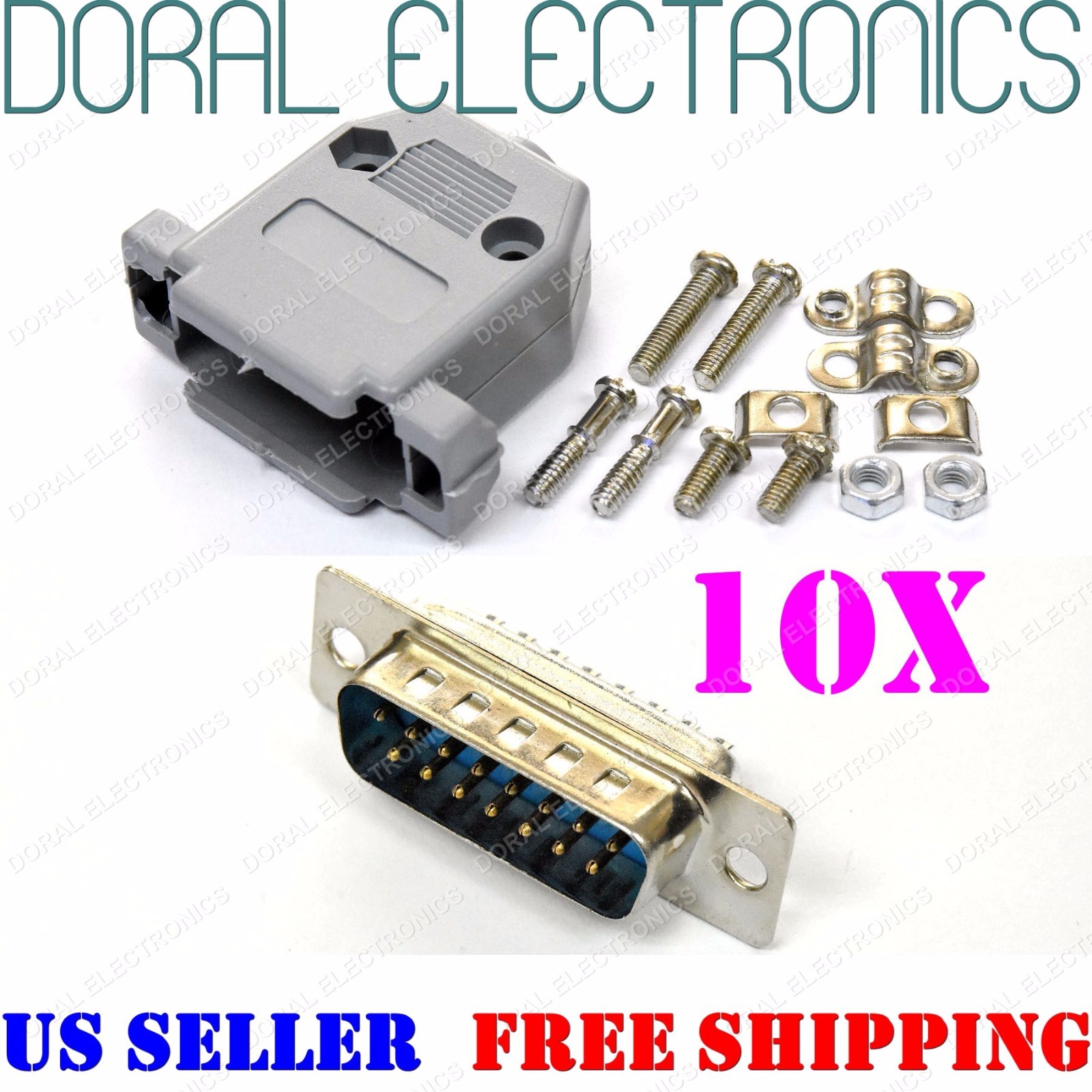 10X DB15 15-Pin Male Solder Cup Connectors Plastic Hood Shell & Hardware DB-15