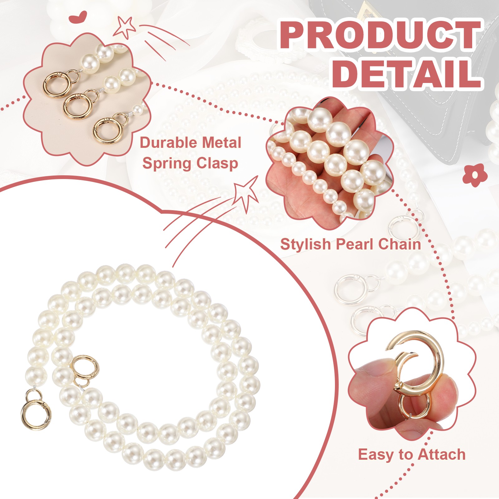 Imitation Pearl Purse Strap 39" Handbag Chain with Spring Clasp 18mm,