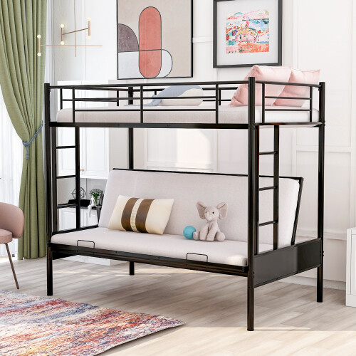 Twin Over Full Metal Bunk Beds Futon Frame Metal Sofa Bed For Kids Adults Black