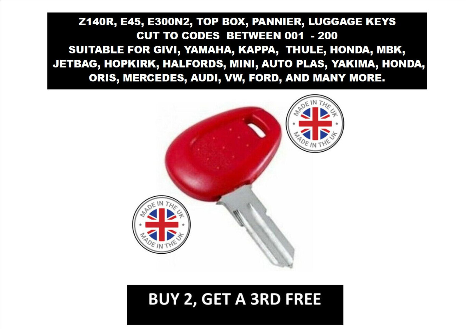 GIVI YAMAHA KAPPA MBK HONDA THULE YAMAHA CRUZ, ETC, TOP BOX & PANNIER KEYS