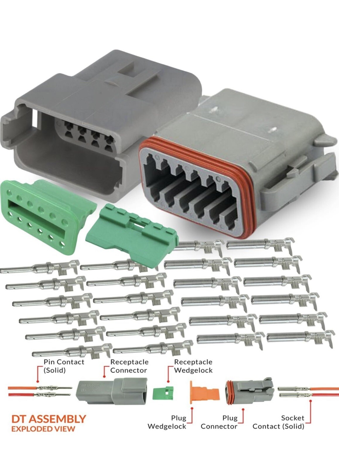 Deutsch DT 12 Pin Gray Connector Kit w/ 14-18AWG Size 16 Contacts- MADE IN USA