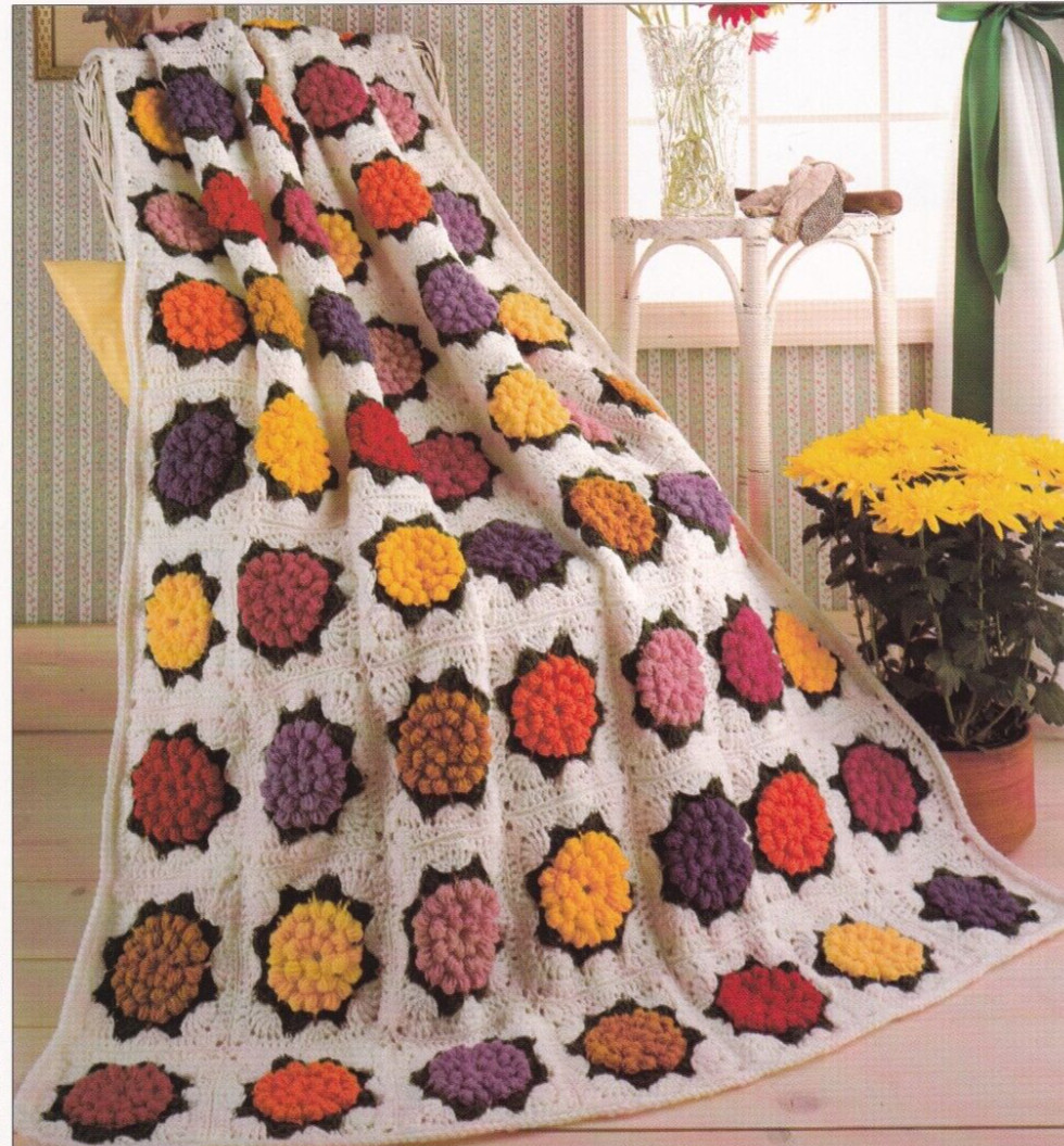 Afghan Crochet Pattern Instructions ZINNIAS Puff Stitch Blocks