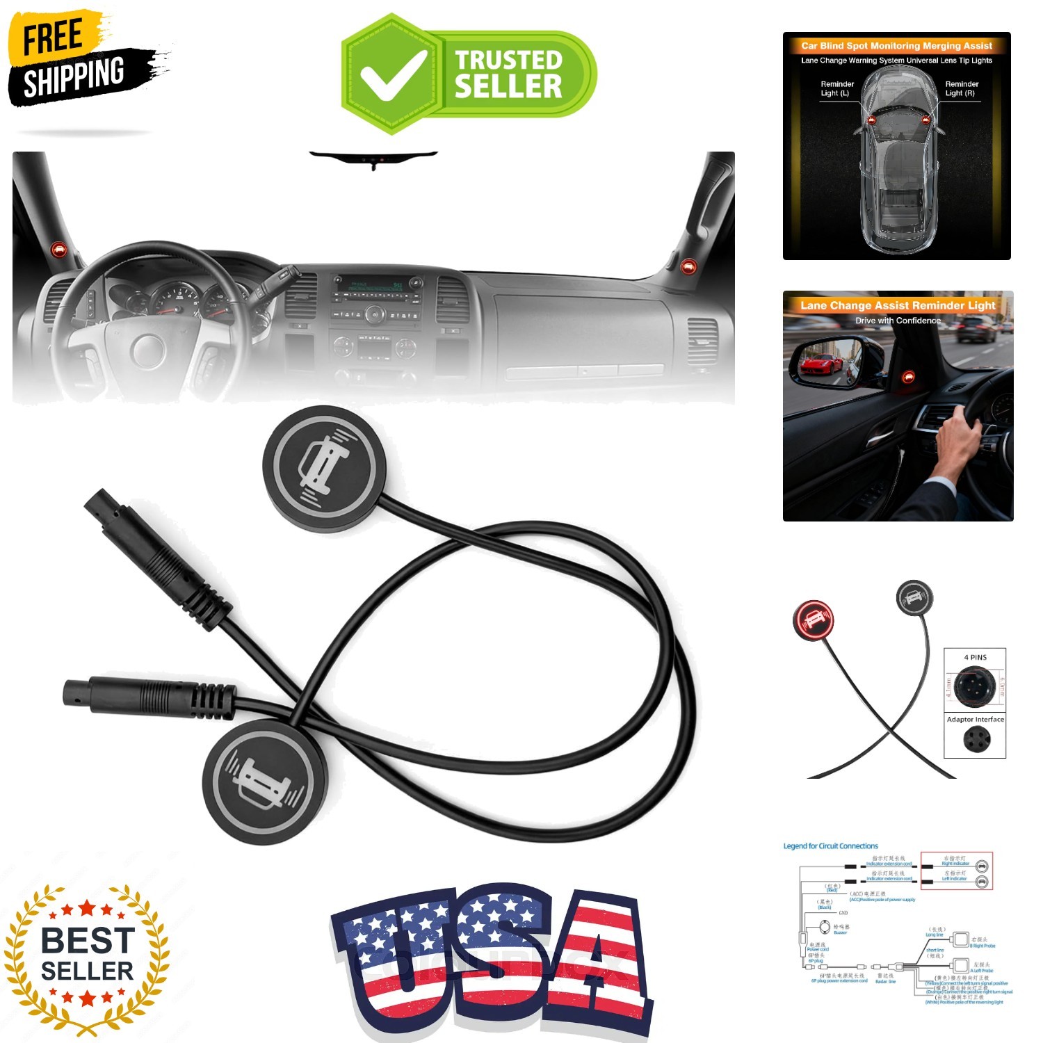 Car Blind Spot Radar Detection System Warning Light, A Pair Of 5V Vehicle Bli...