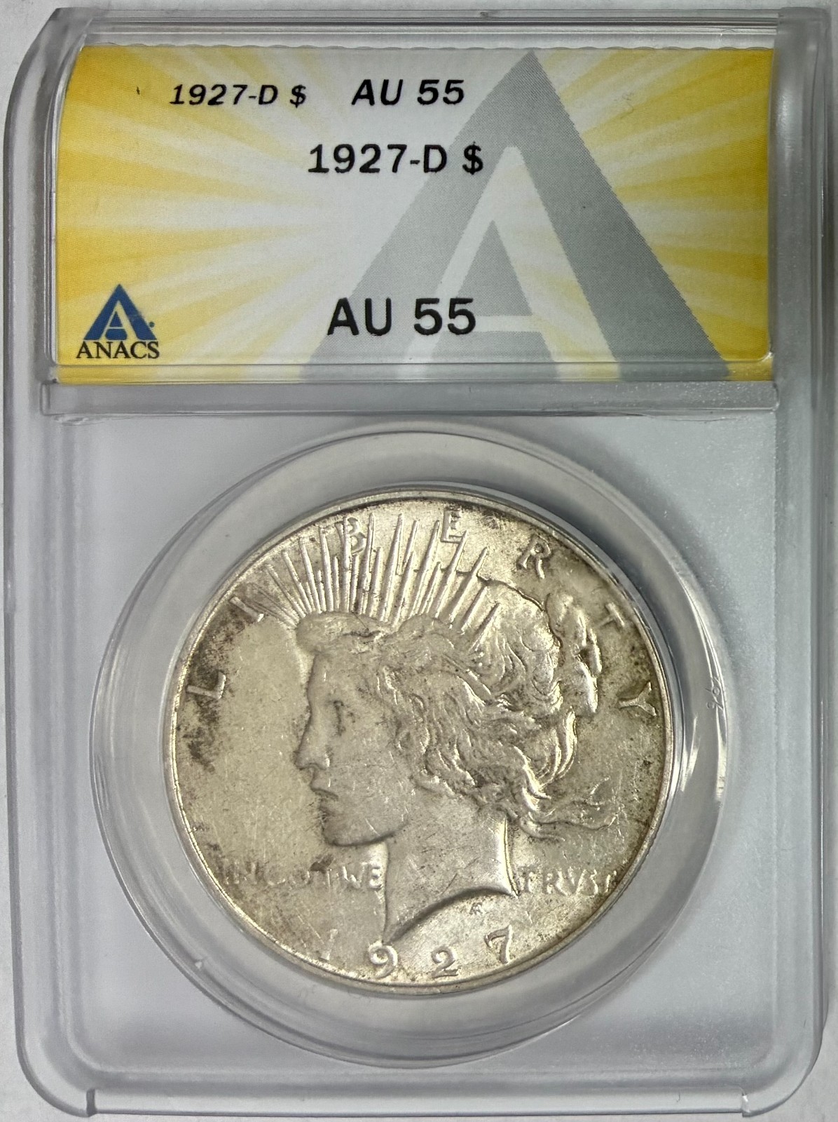 1927-D Silver Peace Dollar, ANACS AU-55, Scarce Date!