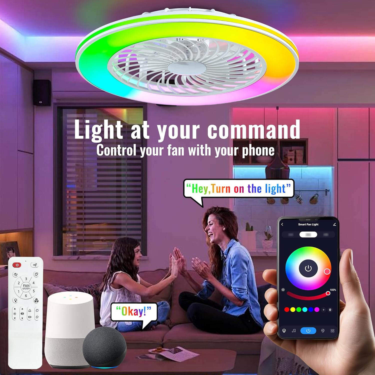 24'' Low Profile Bladeless Ceiling Fans with Lights, Remote/App/Alexa Smart Cont