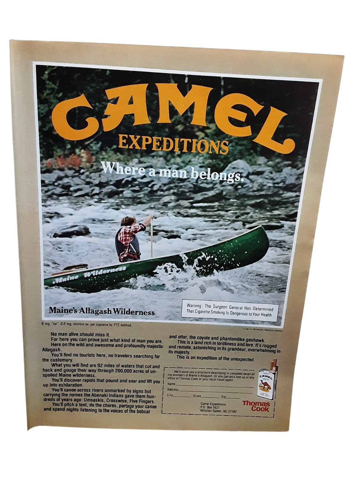 1981 Camel Cigarettes Print Ad Maine Allagash Retro Wilderness Canoe Decor