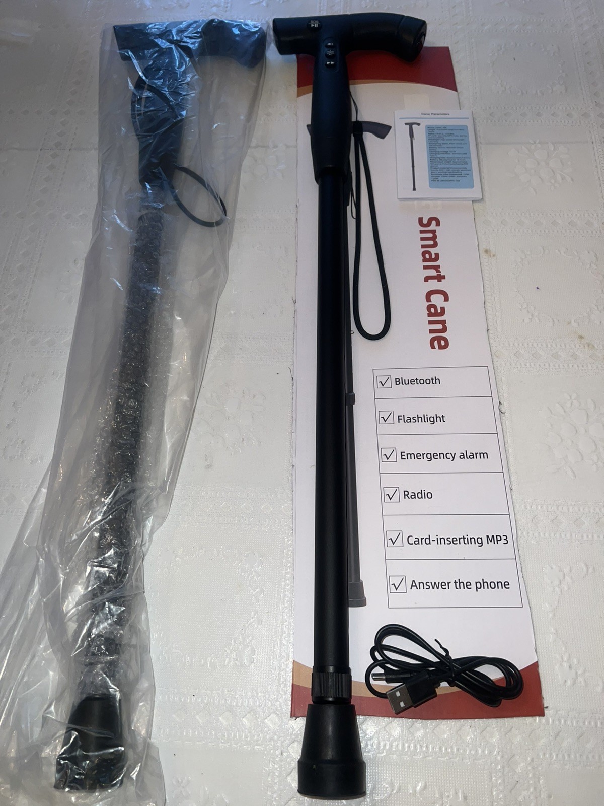 Smart Walking Cane-Bluetooth ,Flashlight SOS Alarm,FM Radio , Adjustable height