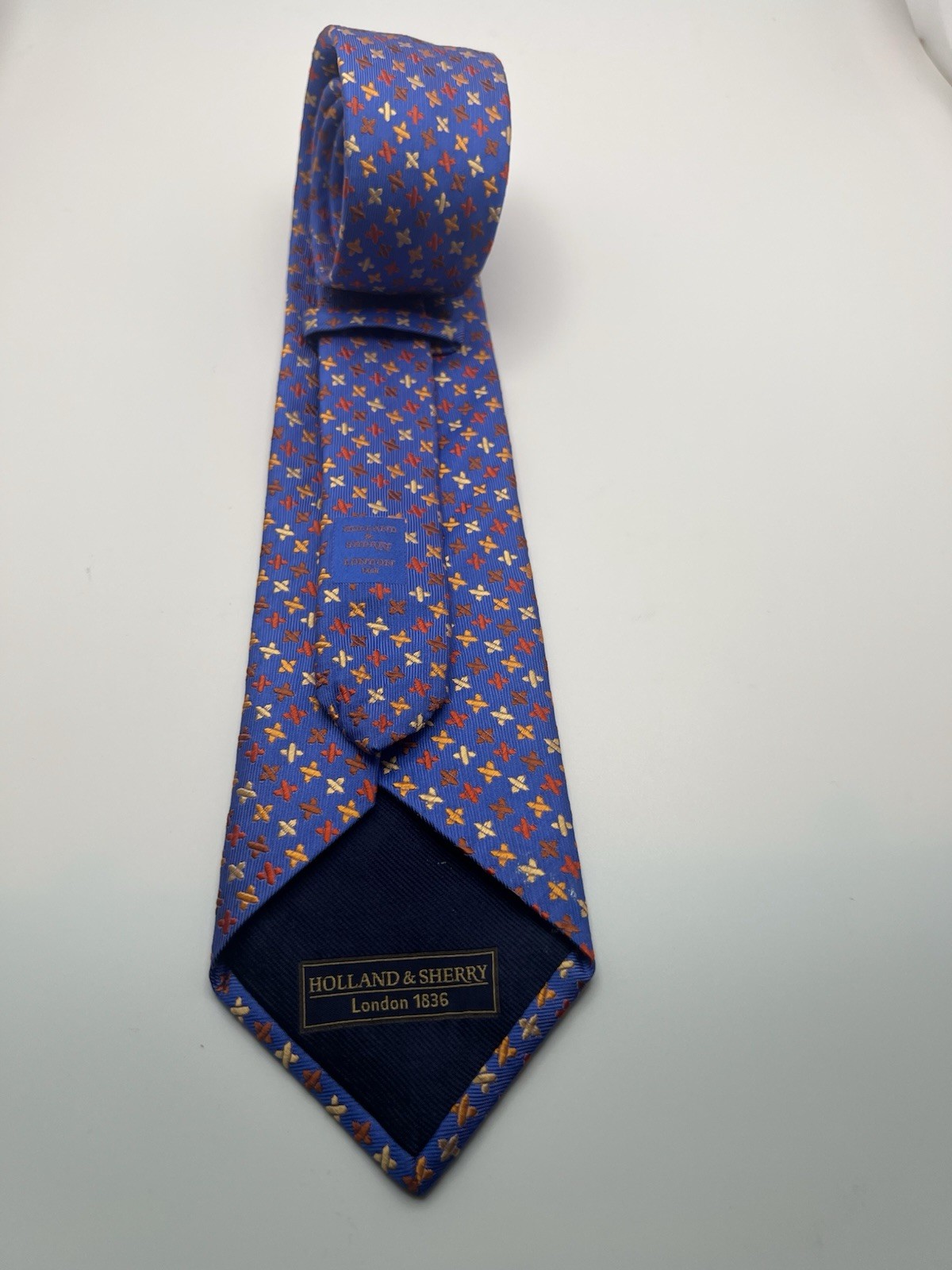 Holland & Sherry London 1836 Mens Blue Silk Geometric Cross Pattern Silk Tie