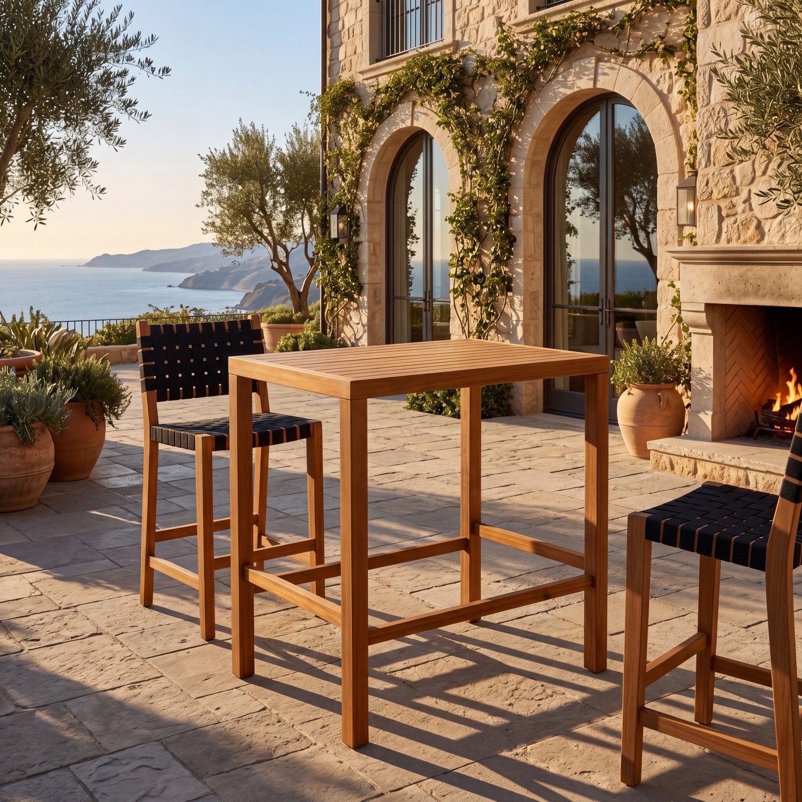 Acacia Wood Outdoor Dining Table 41.14"H Teak Finish Slatted Top