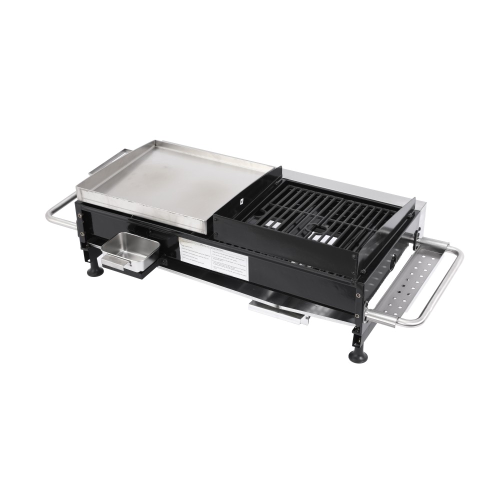 2 Burner Gas & Plancha Combo Grill, Cast Iron Grids, 38200BTU, Black/Silver