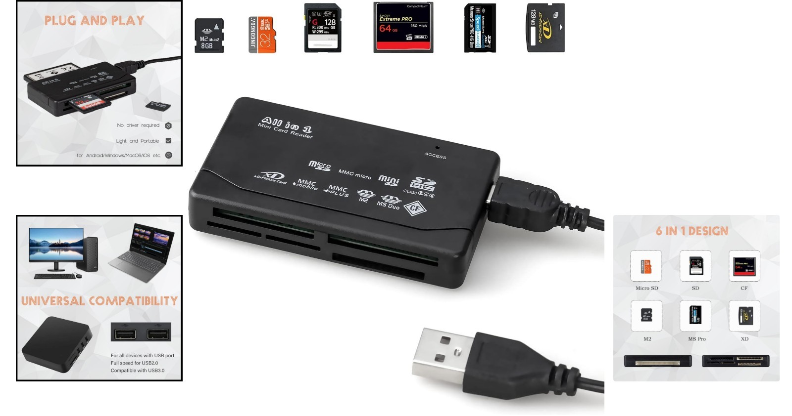 Plug & Play Card Reader: 6-in-1 for SD/Micro SD/CF/XD - Universal Compatibility