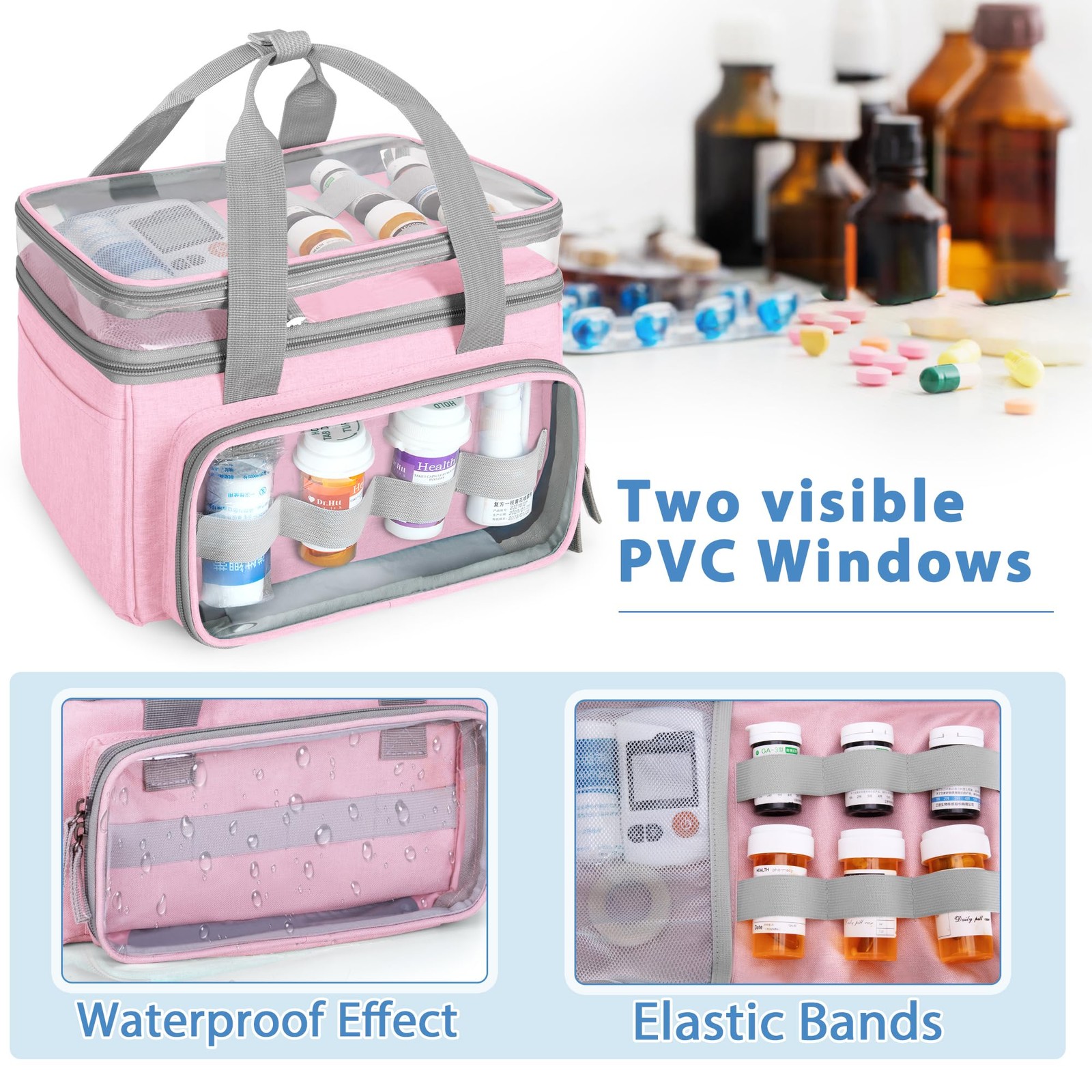 Double-Layer Medicine Bag with Transparent Compartment, Pill Bottle Organizer