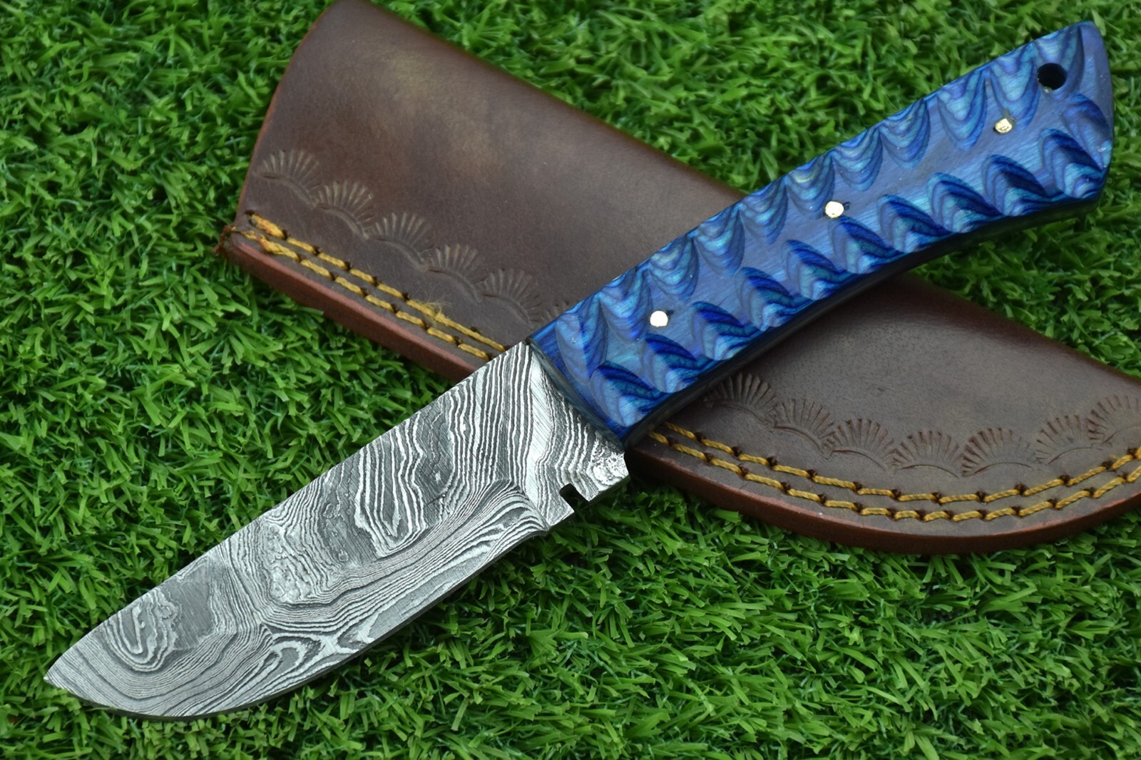 Damascus steel forged handle scale skinning knife with Leather sheath -2667