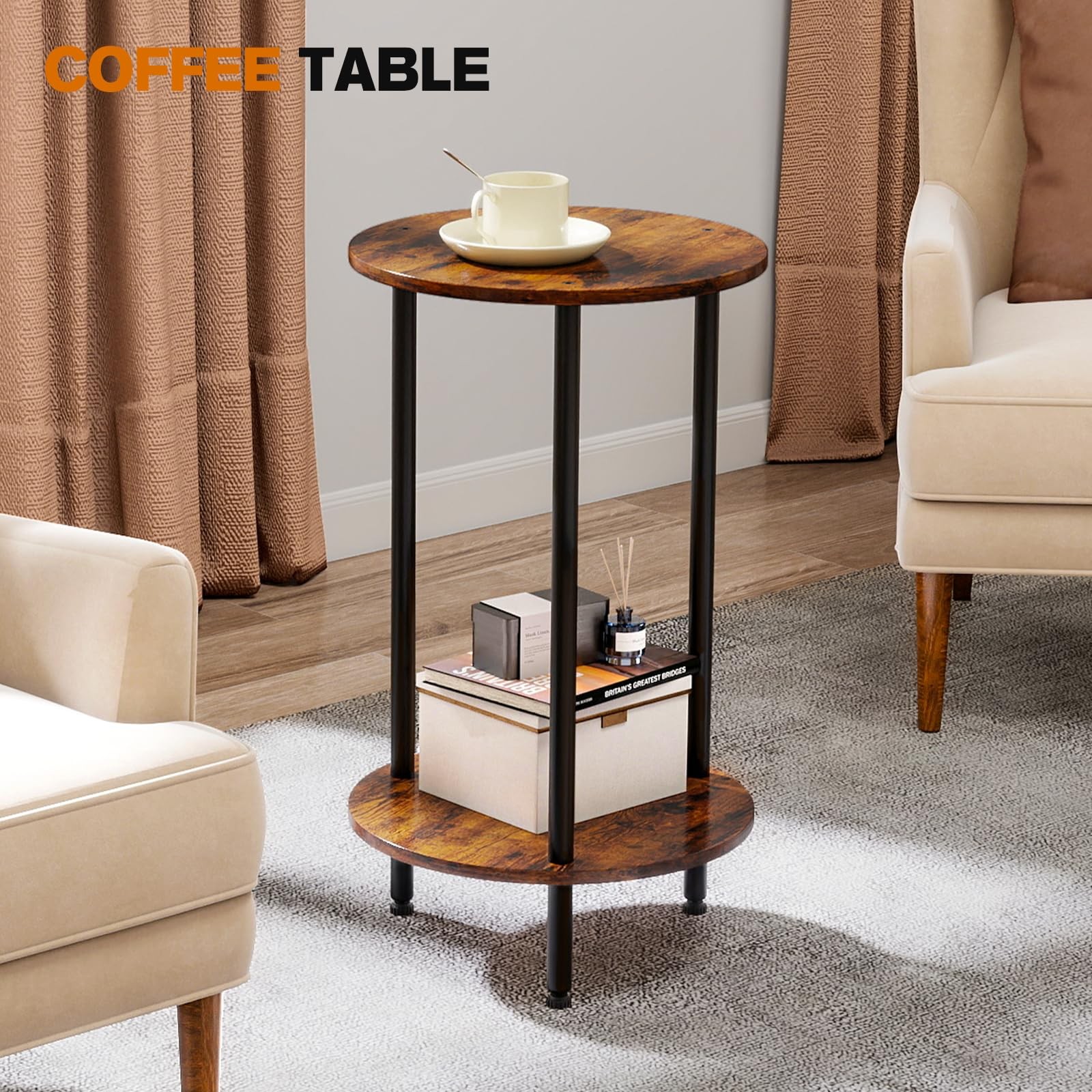 Small Round Side Table Brown Round End Table 2-Tier Modern Bedside Table