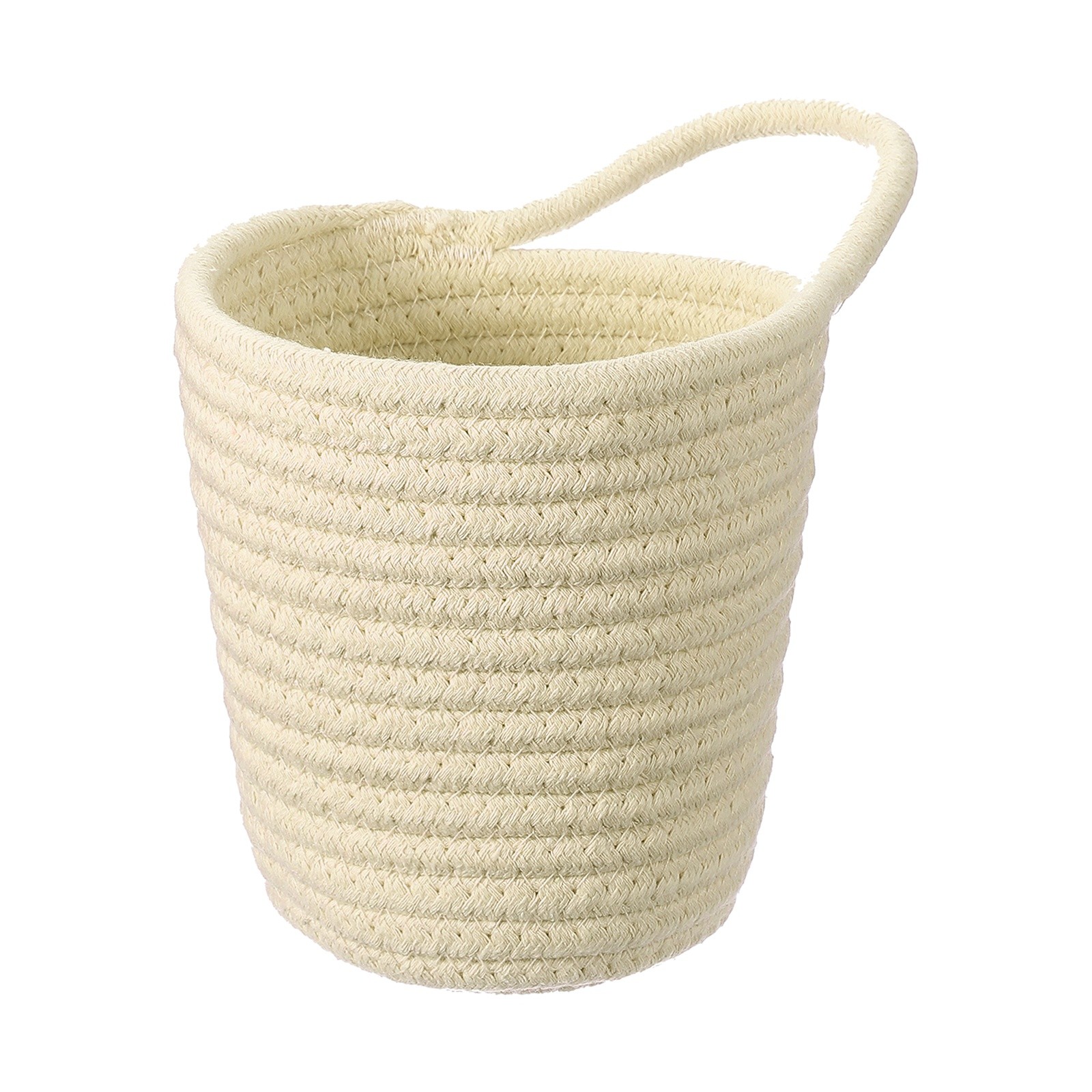 Khaki Small Cotton Rope Woven Storage Basket, Round with Handle, 5.6x5.6"