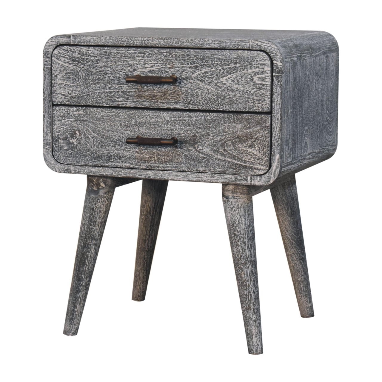 Solid Wood Sandblasted Ash Curved Bedside, 2-Drawers, Gray,Solid mango wood