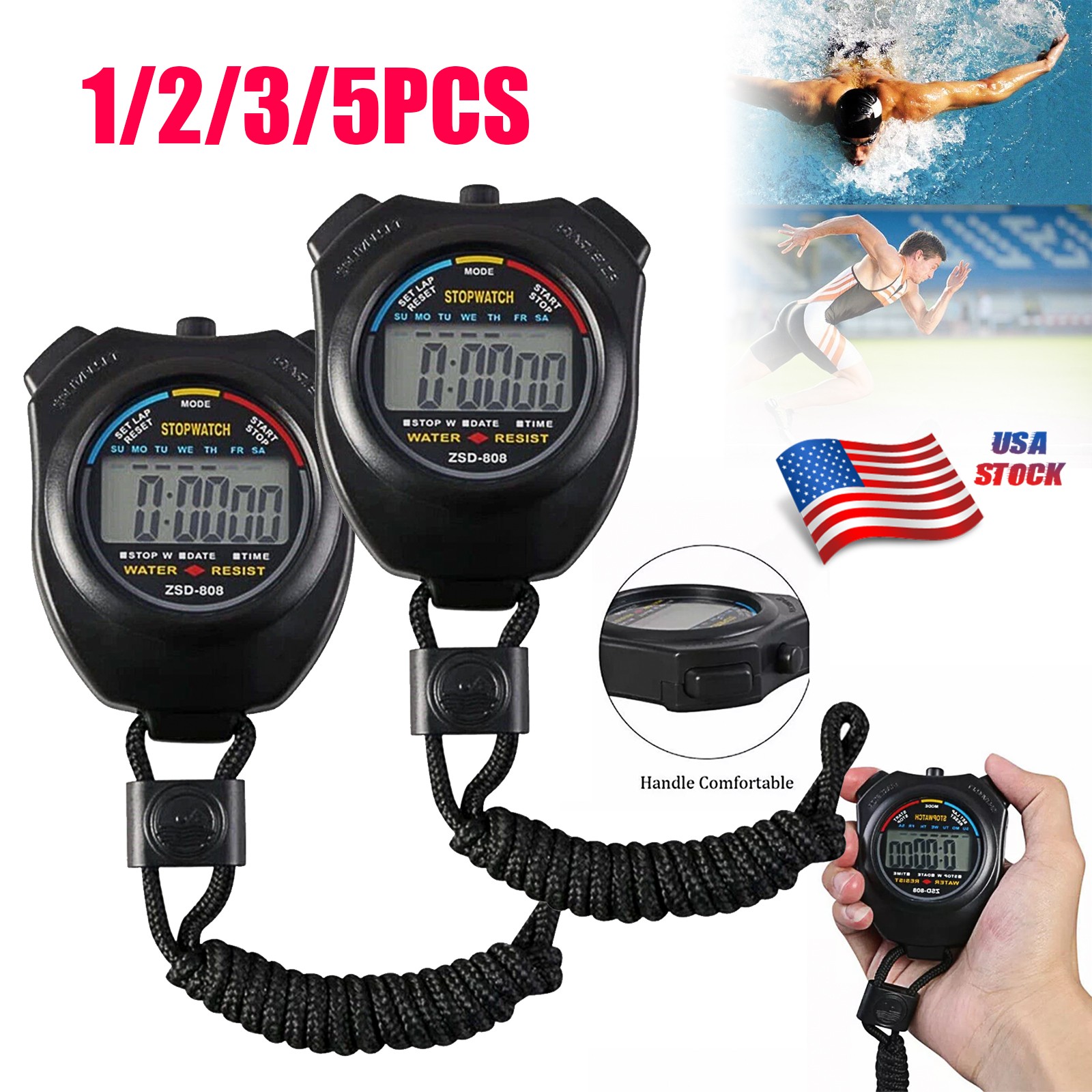 1/2/3/5PACK Digital Stopwatch Sports Counter Chronograph Date Split Timer Watch