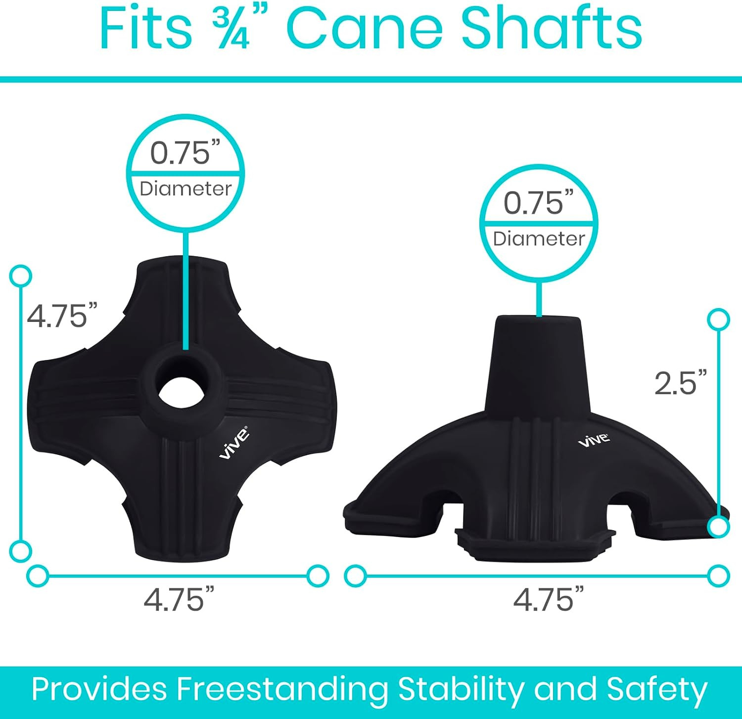 Vive Cane Tip - Self Standing Quad Base Replacement for Most Walking Canes, Walk