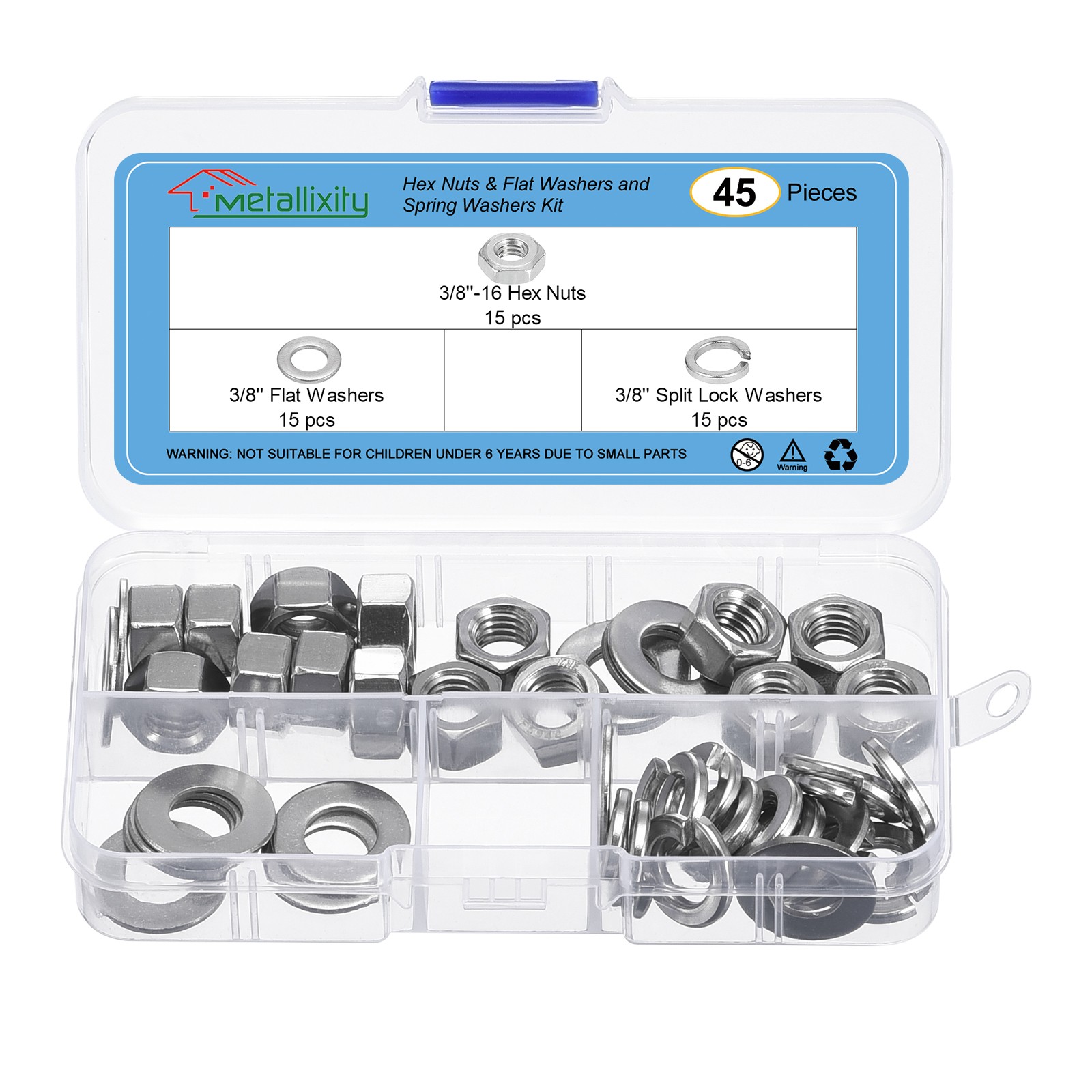 Hex Nuts Assortment Kit (3/8"-16 Hex Nuts with 3/8" Flat Washers) 45Pcs Kit