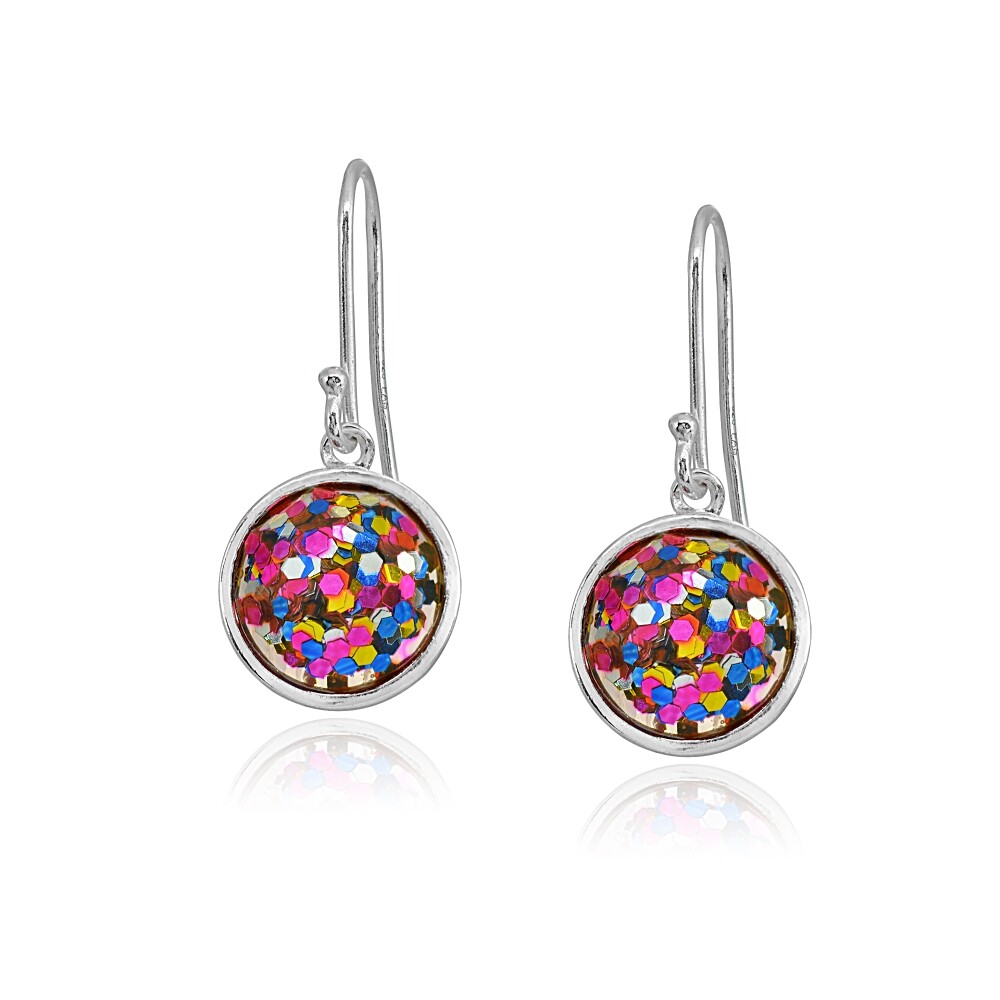 10mm Round Bezel-Set Multi Color Glitter Sterling Silver Dangle Earrings