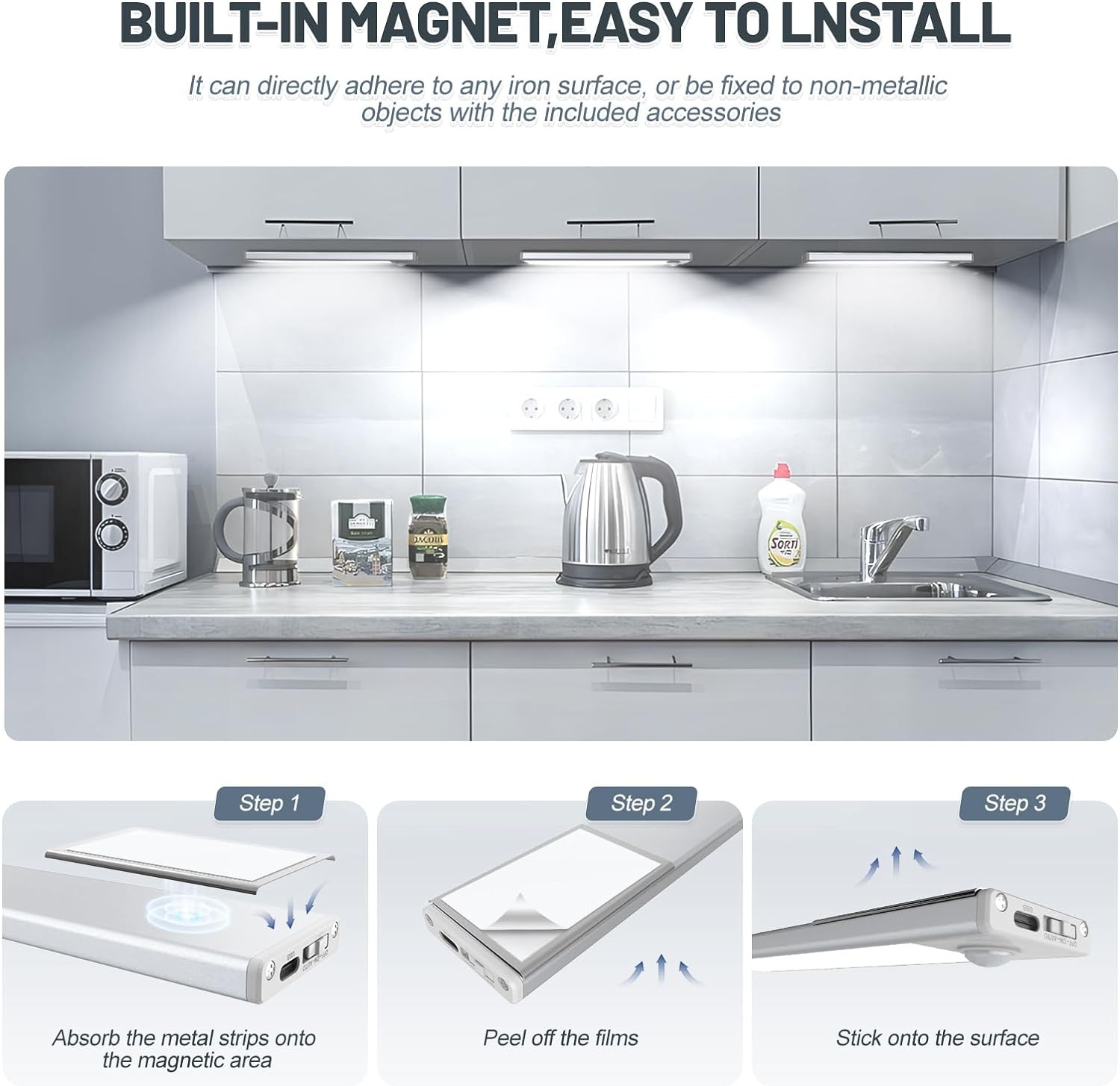 Rechargeable Motion Sensor Under Cabinet Lights, 6 Pack, 32 LED, Wireless