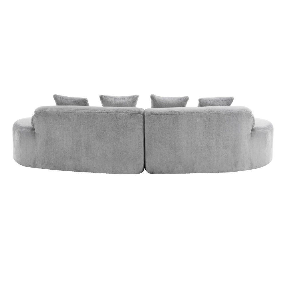 Curved Flannelette Sofa w/ Pillows, Light Gray, 4-Seat Modern Sectional