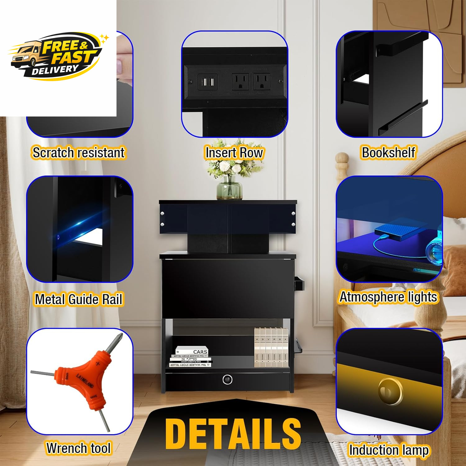 Nightstand with Induction Light & Side Charging Station, Modern Bedside with &
