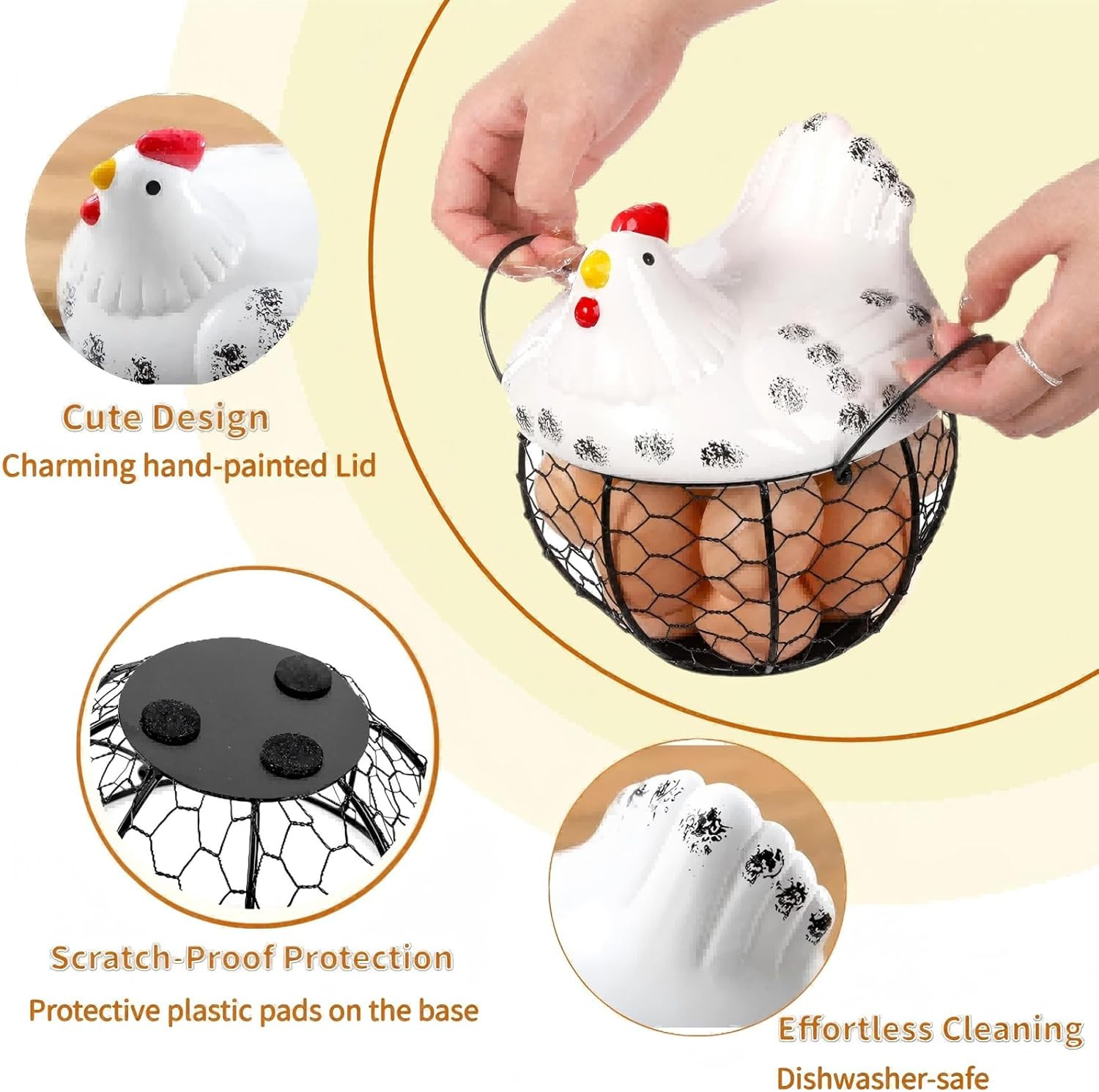 Chicken Egg Basket, Black Wire Egg Collection Baskes with Ceramic Lid for Gat...