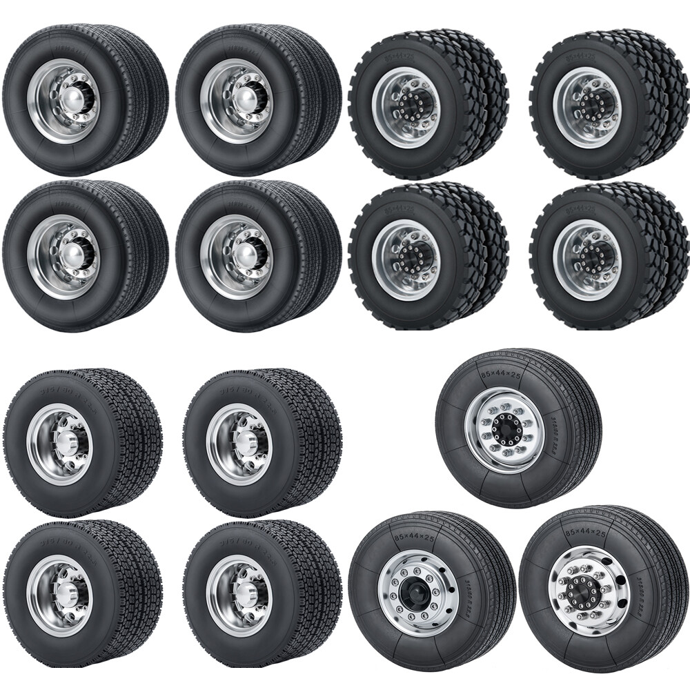 Metal Alloy 2 Front 4 Rear Wheel Rims+Rubber Tires for Tamiya 1/14 RC Car 6x6