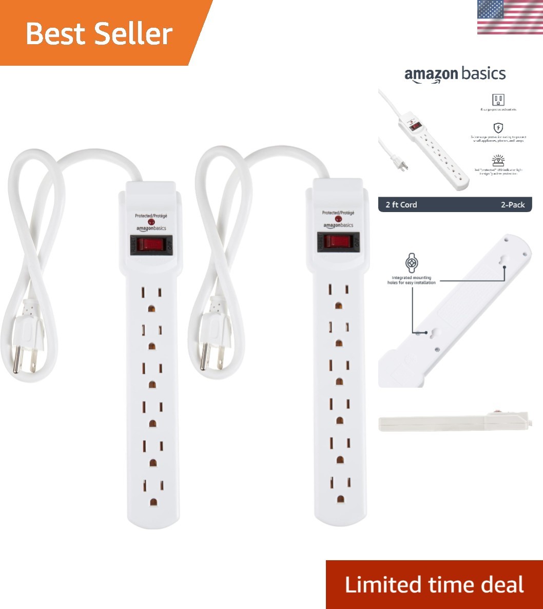 Surge Protector Power Strip, 6-Outlet with 200J Protection, Circuit Breaker, ...