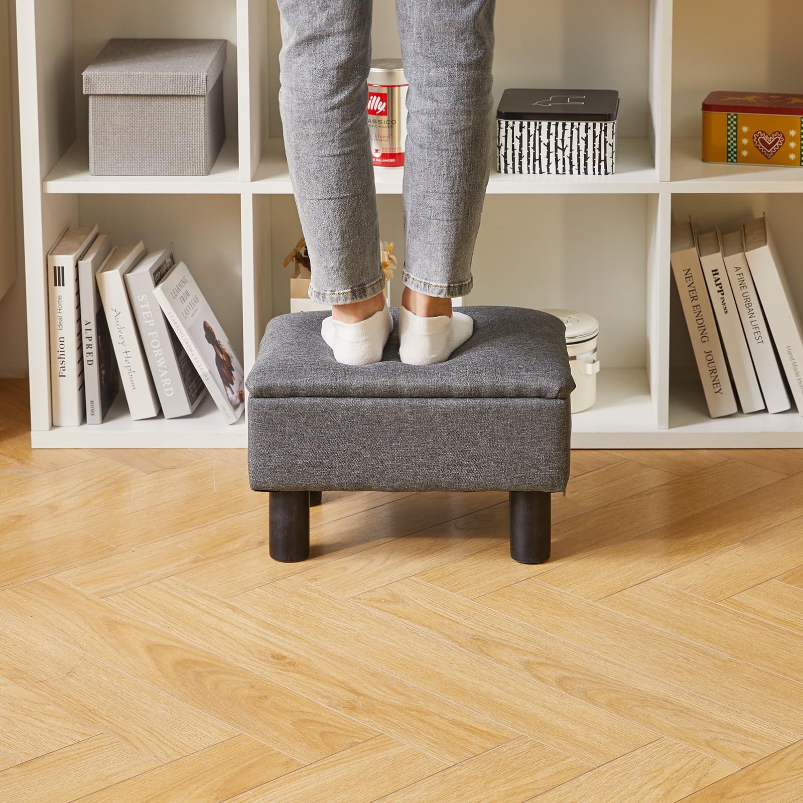 Aibiju Linen Small Ottoman Foot Rest, Stools with Small, Light Gray