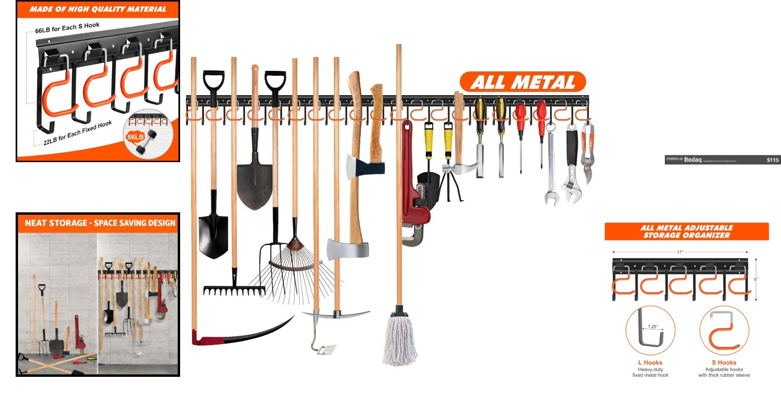 68" All Metal Garden Tool Organizer - Adjustable Wall Mount Storage Solution